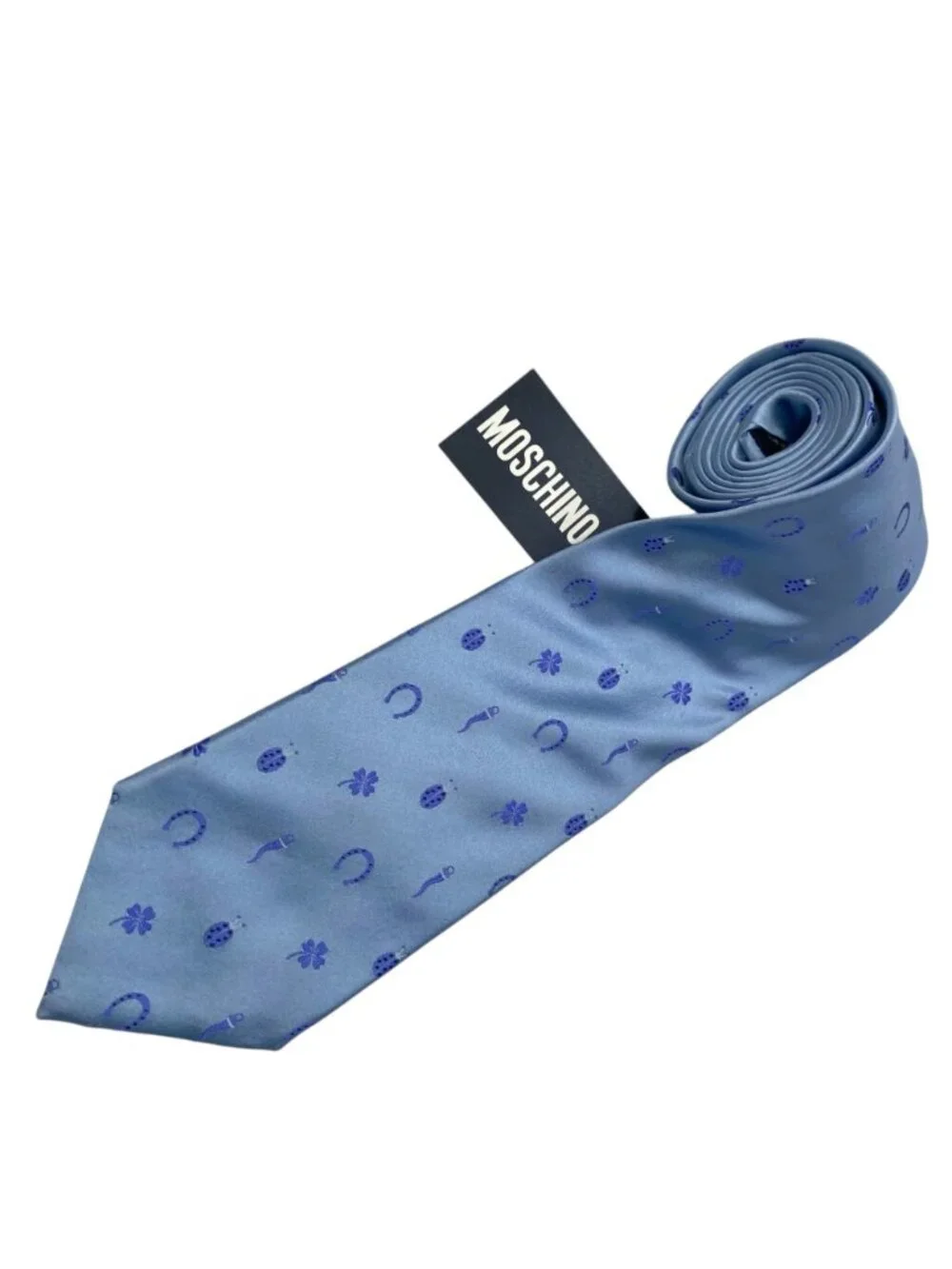 Moschino NWT Light Blue Silk Tie With Ladybug Clover & Horseshoe Pattern